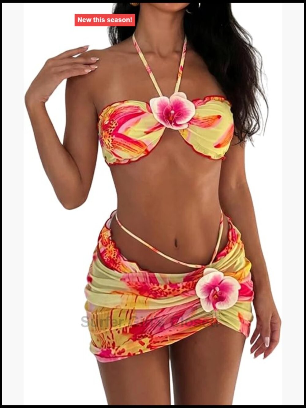 Floral Halter Triangle Bikini Set with Mesh Cover Up Skirt Summer Beach Swimwear - Picture 1 of 7